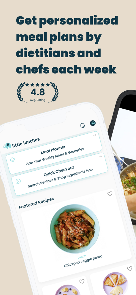 Interfaz de la aplicación Little Lunches que muestra planes de comidas personalizados y recetas saludables para familias