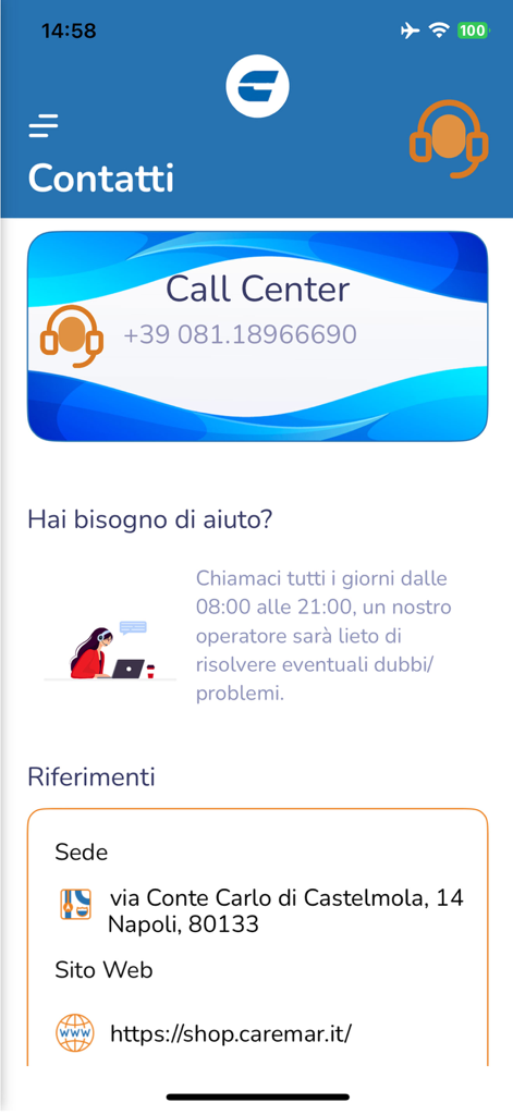 MyCaremar - MyCaremar app contact page with support phone number and office address