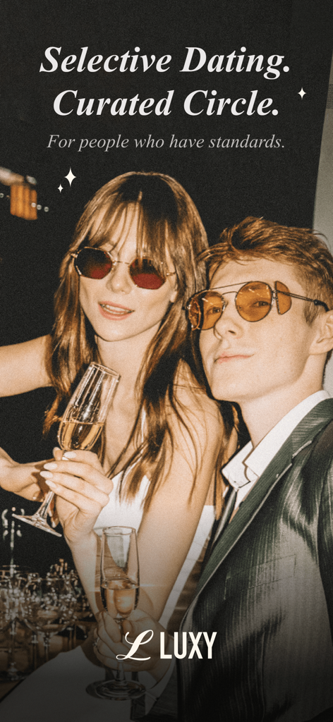A stylish couple in formal attire holding champagne glasses representing the Luxy elite dating community