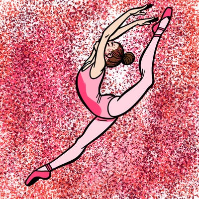 gymnast doing a leap in a leotard with a bent back leg