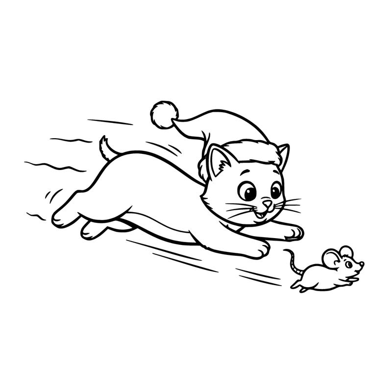 cat with santa hat and chasing a mouse easy mode
