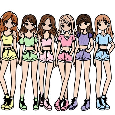 a group of girls wearing crop tops and shorts