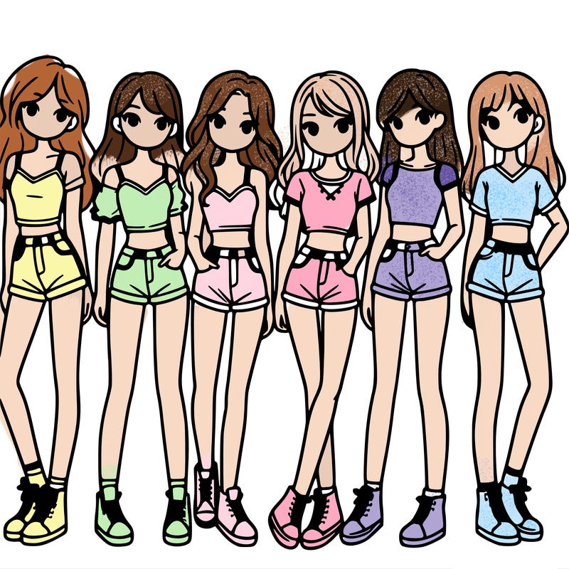 a group of girls wearing crop tops and shorts
