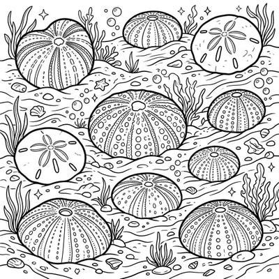 Embark on an underwater journey with this captivating coloring page featuring irregular sea urchins and sand dollars. Their unique shapes and the surrounding marine details offer a delightful and intricate coloring experience for all ages.