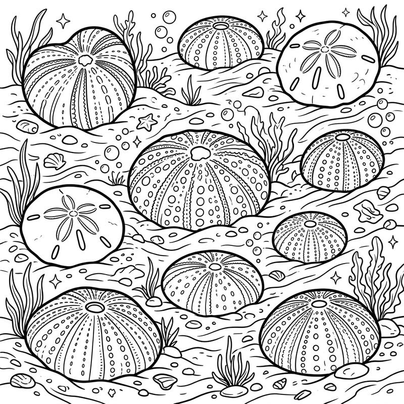 Embark on an underwater journey with this captivating coloring page featuring irregular sea urchins and sand dollars. Their unique shapes and the surrounding marine details offer a delightful and intricate coloring experience for all ages.