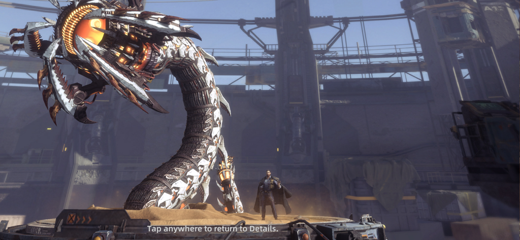 A commander standing next to a giant mechanical worm beast in a wasteland shelter.
