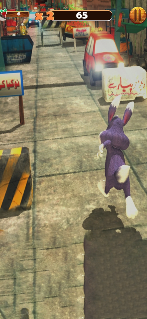Bunny Street Runner Dash 3D - A purple bunny character running through a 3D street environment with obstacles and Urdu signage