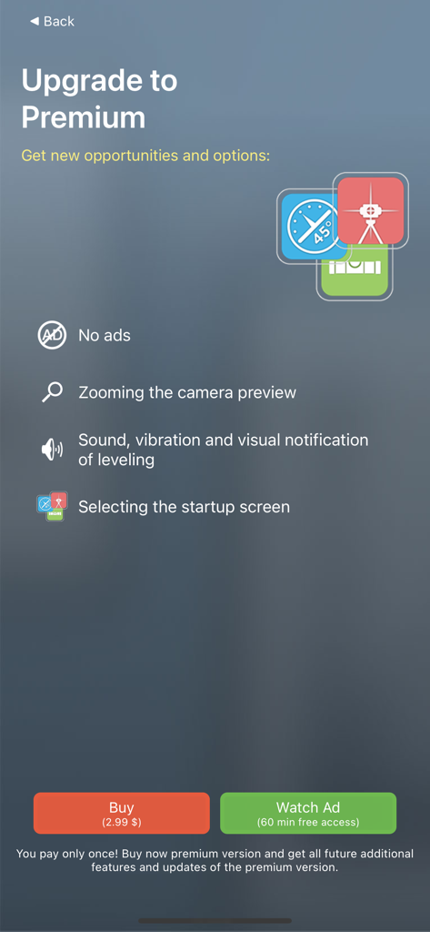 A tela de Upgrade para Premium do aplicativo Nível a Laser de Bolso destacando recursos como remoção de anúncios, zoom da câmera e notificações de nivelamento