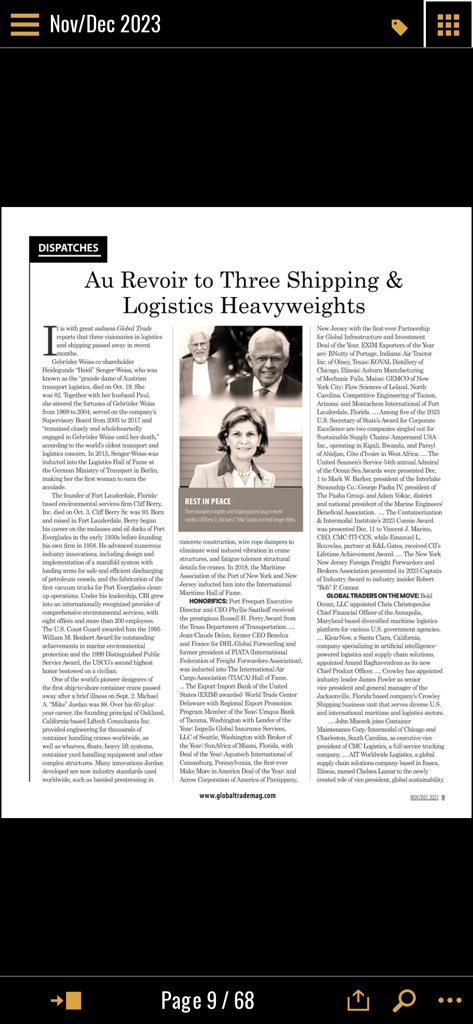 Global Trade Magazine - Digital article titled Au Revoir to Three Shipping and Logistics Heavyweights in the Global Trade Magazine app.