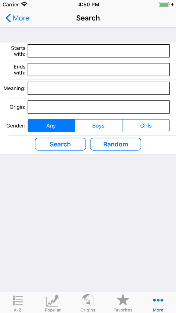 Advanced baby name search screen showing filters for name prefix suffix meaning origin and gender selection