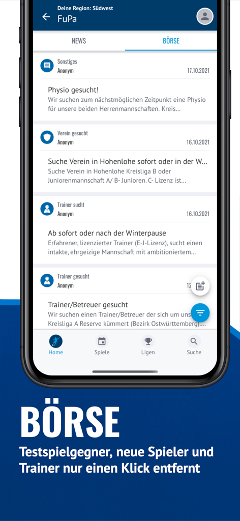 Aplicativo FuPa mostrando o mercado de câmbio de clubes de futebol para times amadores.