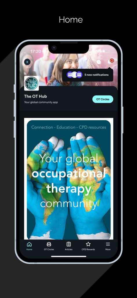Schermata principale dell'app The OT Hub che presenta la comunità globale di terapia occupazionale e le risorse