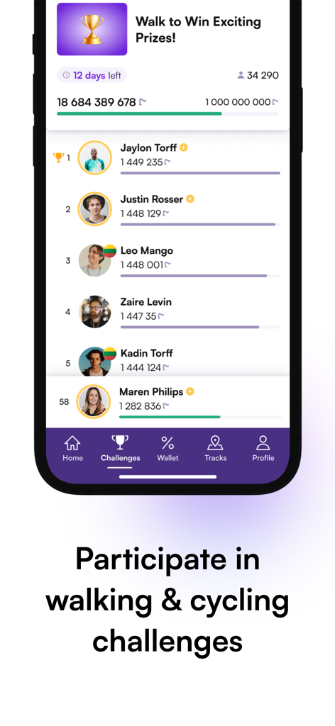 #walk15 – Useful Steps App - Screenshot of the walk15 app leaderboard for a walking and cycling challenge