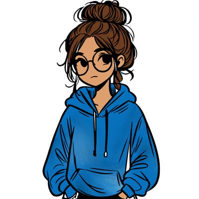 teen girl with a messy bun and glasses wearing a loose hoodie and jeans
