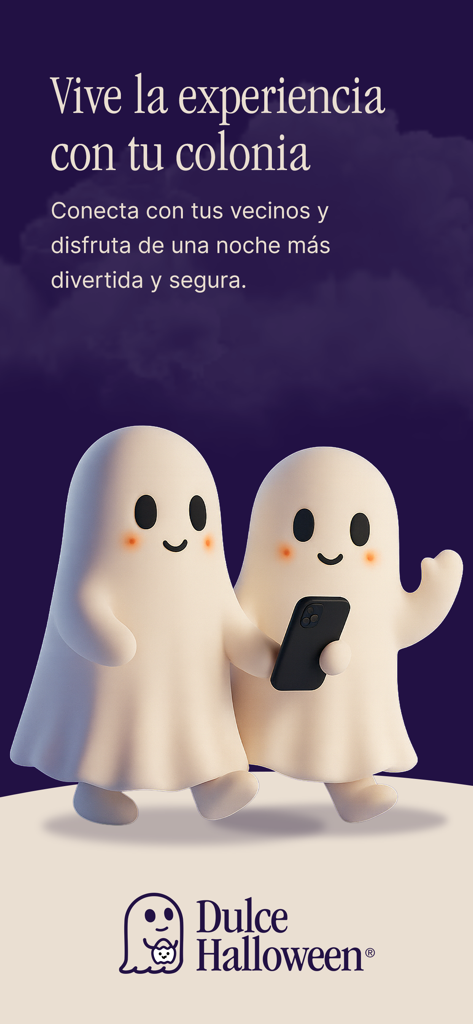 Dulce Halloween - Two cute cartoon ghosts holding a smartphone with the Dulce Halloween logo and Spanish text about community connection.