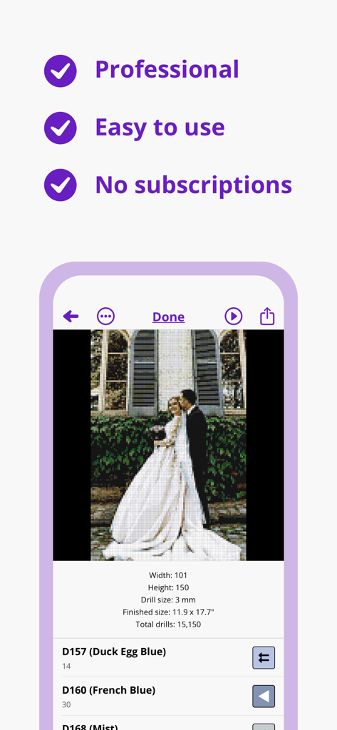Dotterly: Diamond painting - Custom diamond painting pattern created from a wedding photo in the Dotterly app showing a professional and subscription-free interface