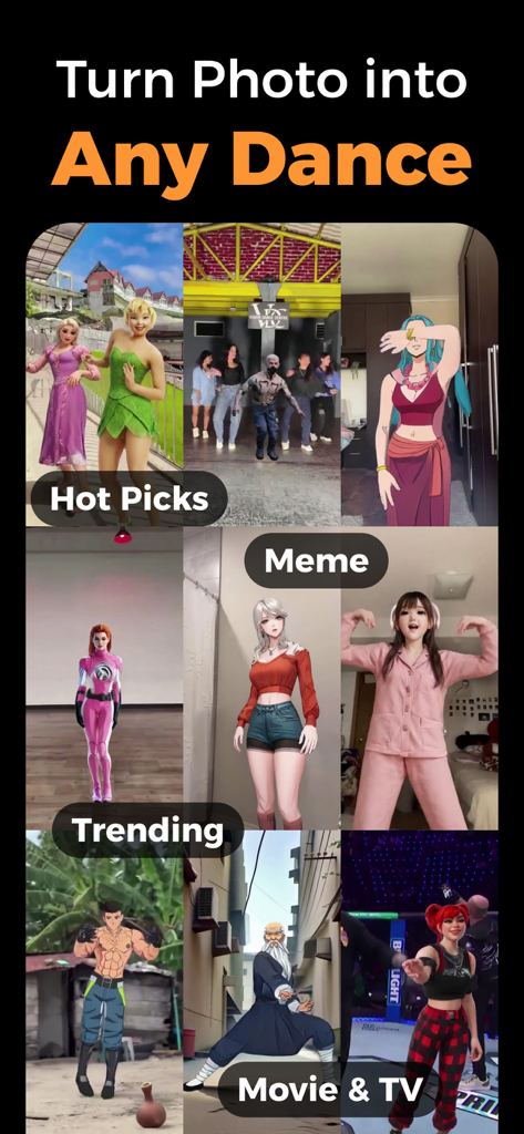 AI Dance Video - AI Face Dance - Interface of the MemeDance app showing various AI dance video templates and categories such as Trending and Meme