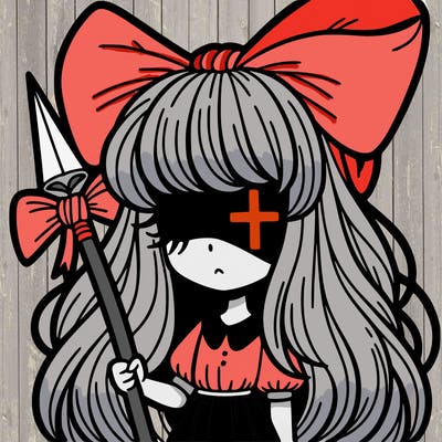 girl with long hair covering her right eye and a cross over her right eye, big bow in hair, holding a spear