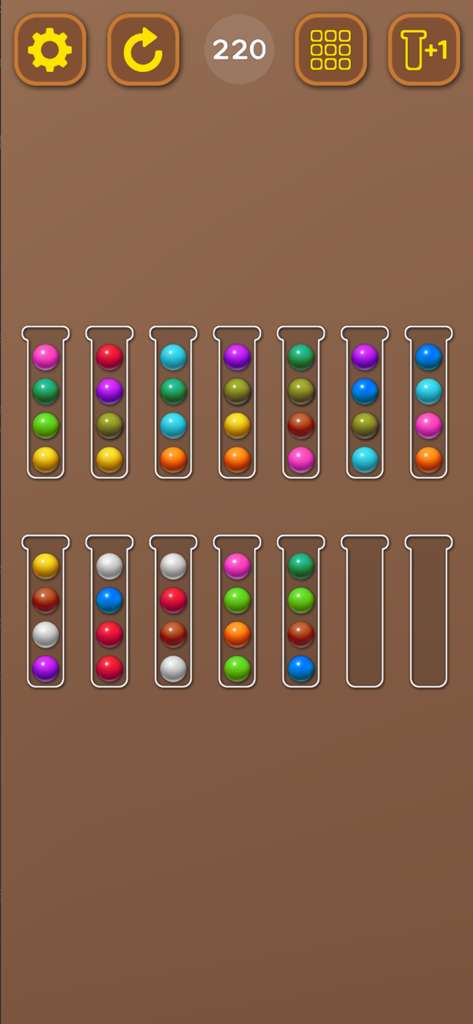 Sort Ball: Arrange Color Tubes - Gameplay screen of Sort Ball Arrange Color Tubes showing colorful balls in glass jars for a logic puzzle