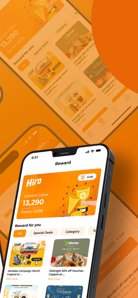 Hiro - Screenshot of the Hiro app rewards page showing a user's coin balance and available laundry discount vouchers.