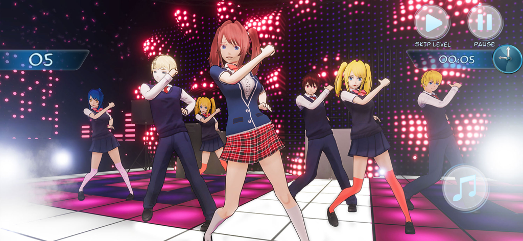Un grupo de estudiantes de secundaria de anime realizando una danza sincronizada en un escenario con luces de neón
