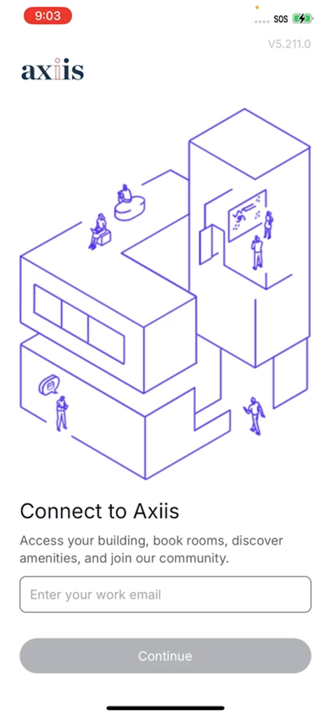 axiis tenant app welcome screen with an illustration of a modern office building and a work email login field