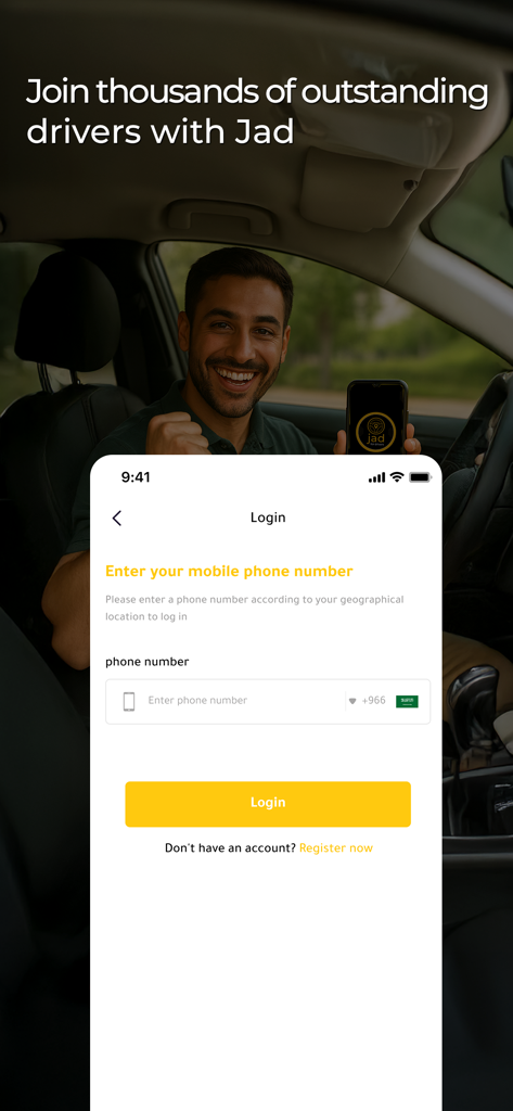 Anmeldebildschirm der Jad Driver App mit einem Feld zur Eingabe der Handynummer und einem lächelnden Fahrer im Hintergrund