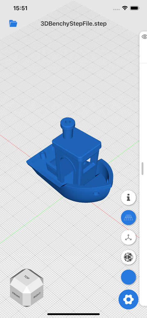 Viewer3D - A blue 3D Benchy boat model displayed in the Viewer3D mobile app interface.