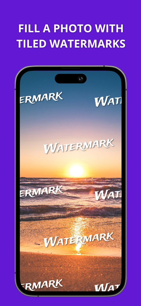 An iPhone screen displaying a sunset beach photo covered in tiled text watermarks for image protection.
