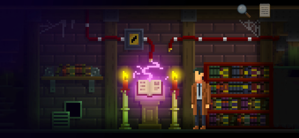 The Darkside Detective - Pixel art scene of Detective Francis McQueen investigating a glowing book with purple lightning in a dark library.