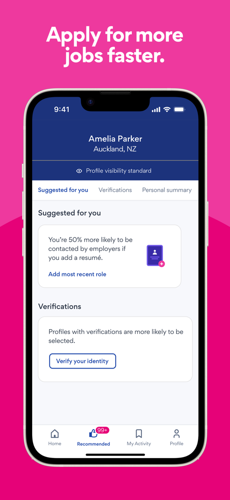 SEEK Jobs Search & Employment - Pantalla de perfil de la aplicación SEEK Jobs que muestra sugerencias para agregar un currículum y verificar la identidad para solicitar más rápido.