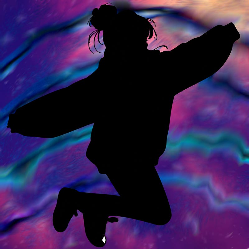 realistic girl jumping with a bun and oversized sweatshirt