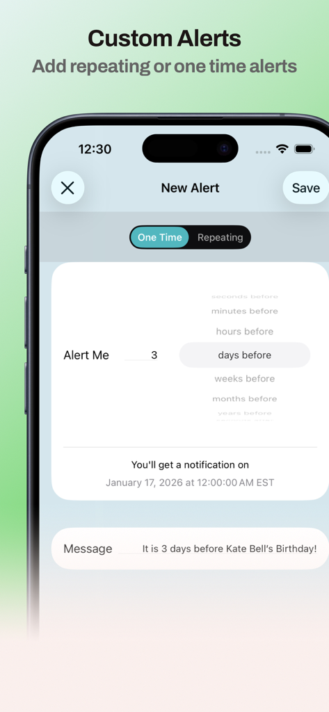 Countdown Days Since & Until - iPhone screenshot showing custom alert settings for a birthday reminder in the Countdown app