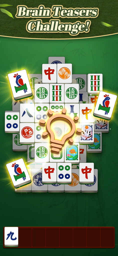A mahjong tile matching gameplay screen with large tiles and a hint lightbulb icon on a green background.