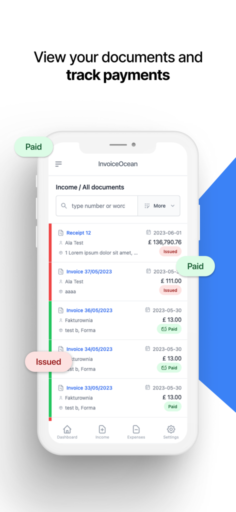 Interface de l'application mobile InvoiceOcean montrant une liste de factures et de reçus avec des indicateurs de statut de paiement