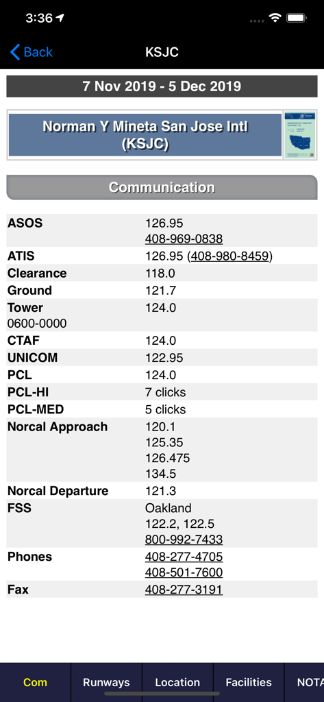 Aviation communication frequencies for San Jose International Airport on WingX app