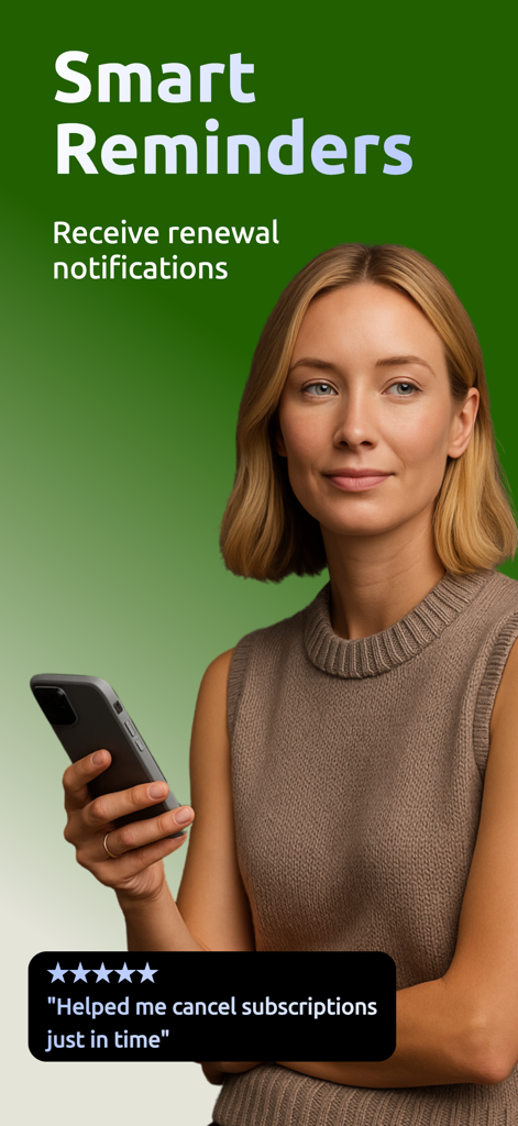 Track My Subs - A woman holding a smartphone featuring smart renewal reminders for the Track My Subs app