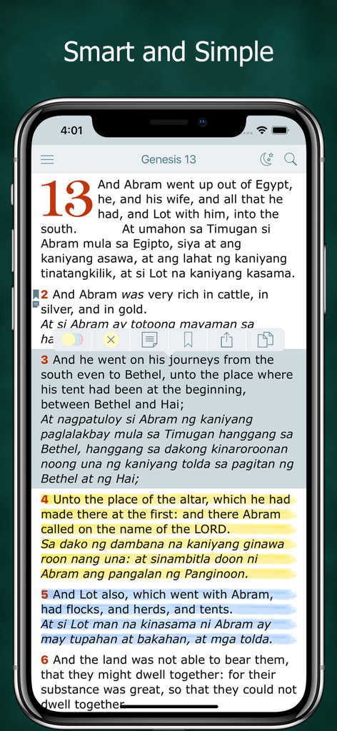 Bilingual Tagalog and English Bible interface with highlighted verses and study tools