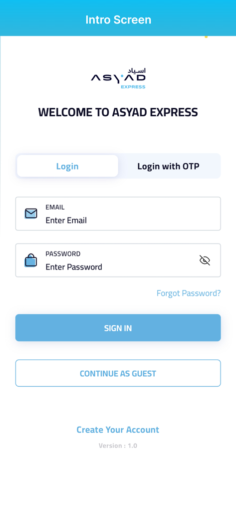 ASYAD Express - ASYAD Express mobile app login screen featuring email and password fields for international shipping and logistics management