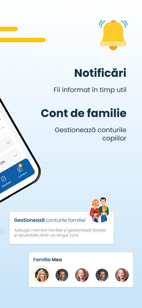 MySynevo - MySynevo app interface featuring family account management and notification settings for medical results