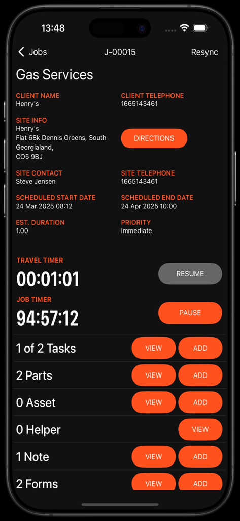 Aplicación móvil WorkPal que muestra detalles del trabajo de servicio de campo y temporizadores de trabajo activos