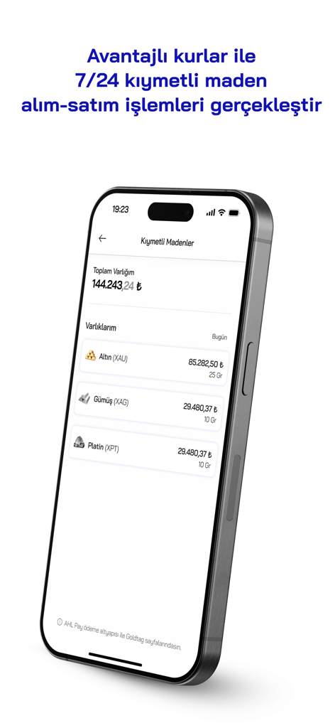 AHL Pay - AHL Pay app screen displaying a precious metals investment portfolio with gold silver and platinum values in Turkish Lira