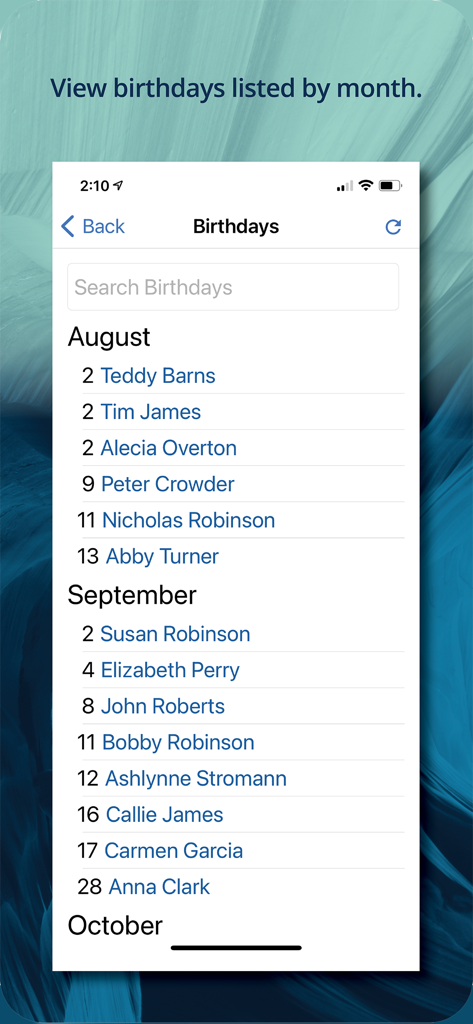 Mobile app screen showing church members birthdays organized by month