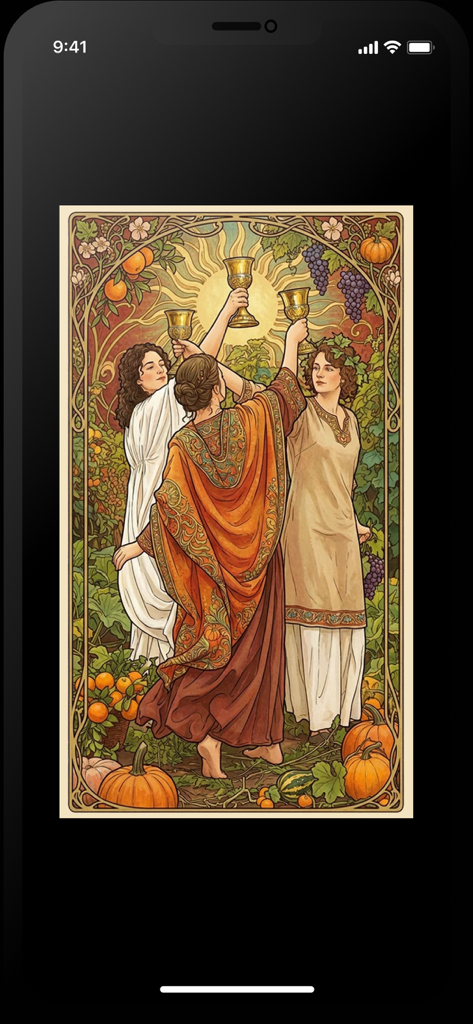 Tarot Reading: Love & Advice - Un'illustrazione di carta tarocchi in stile Art Nouveau dei Tre di Coppe con tre donne che festeggiano con calici dorati
