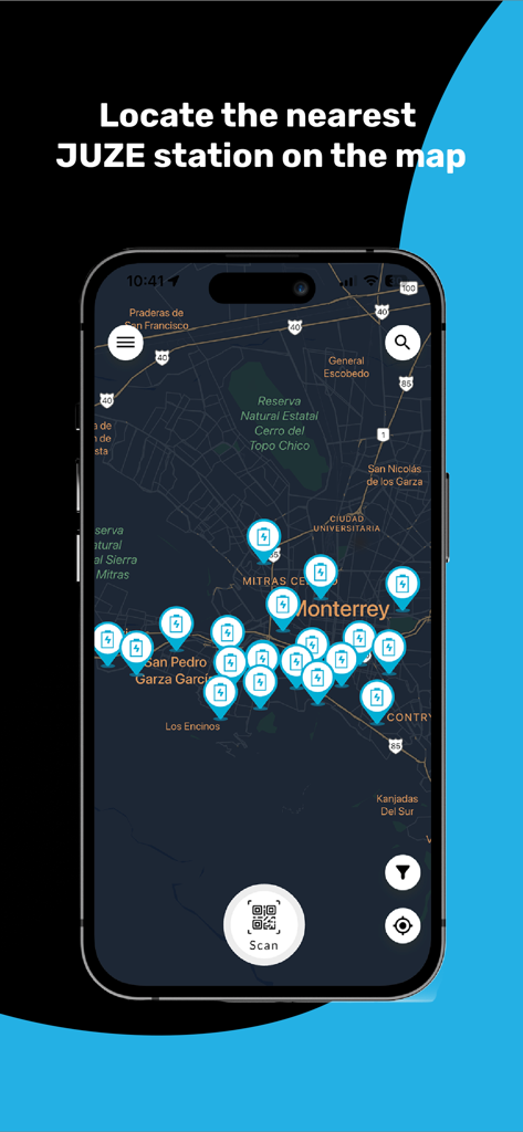 JUZE - A smartphone screen showing the JUZE app map with several powerbank rental stations marked in a city