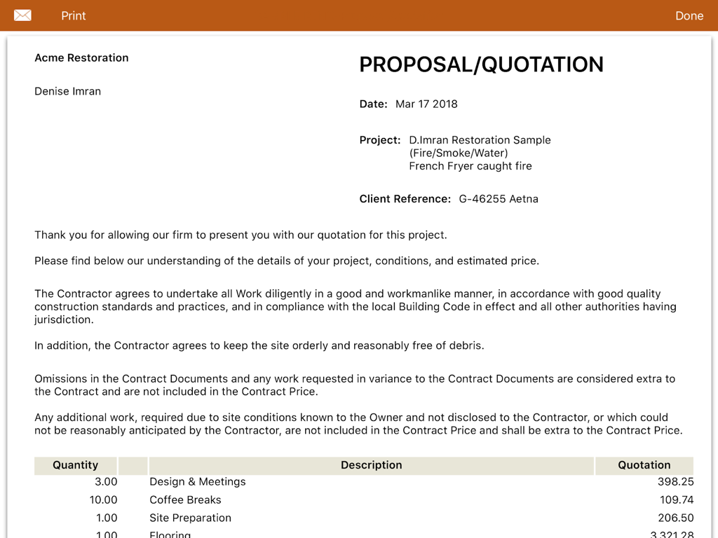 mpengo Quotes - Example of a professional restoration project proposal and quotation generated by the mpengo Quotes app.