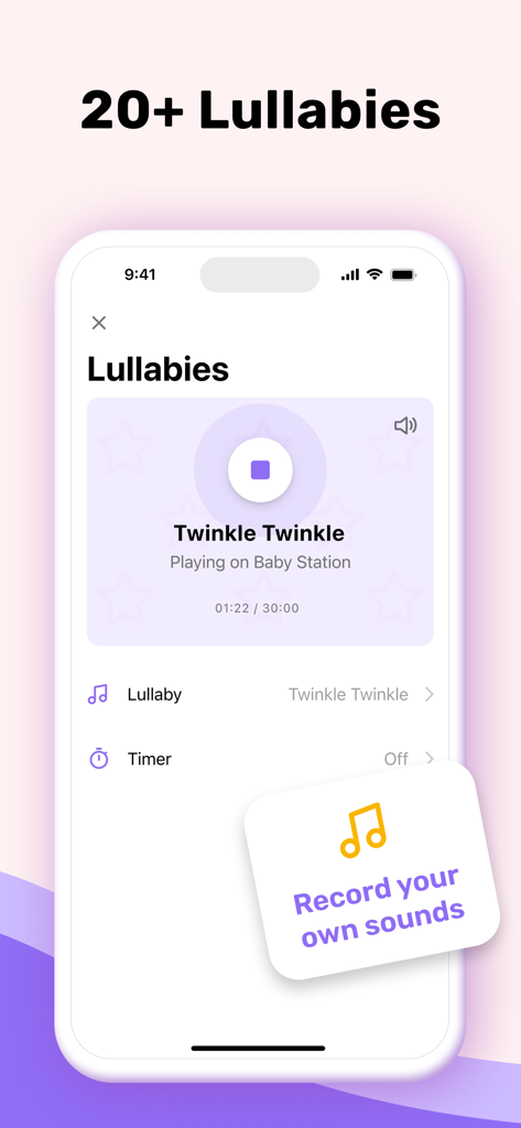 Bibino app interface showing the lullabies feature with Twinkle Twinkle playing and an option to record custom sounds