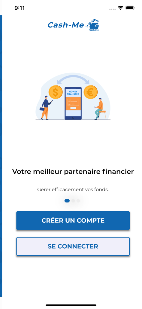 Tela de boas-vindas do aplicativo Cash-Me mostrando uma ilustração de transferência de dinheiro e botões de login