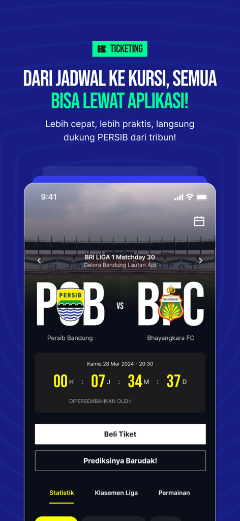 Persib - 試合カウントダウンとチケット購入ボタンが表示されたペルシブアプリの画面。