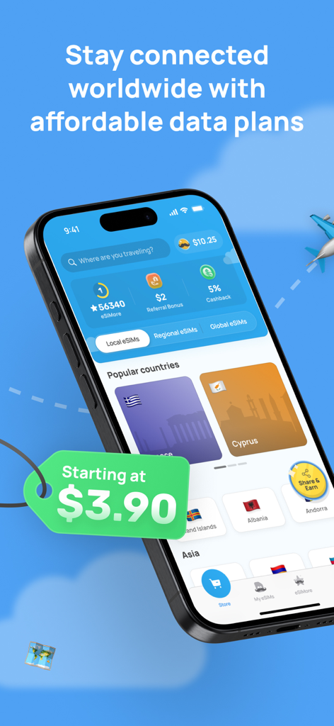 eSIMo: Travel eSIM & Calls - eSIMo mobile app interface showing international travel data plans starting at three dollars and ninety cents
